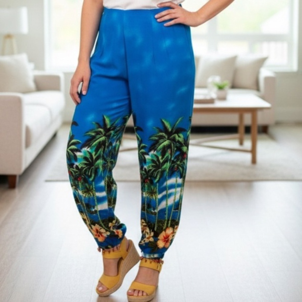 SPA blue pants with colorful palm trees size lg